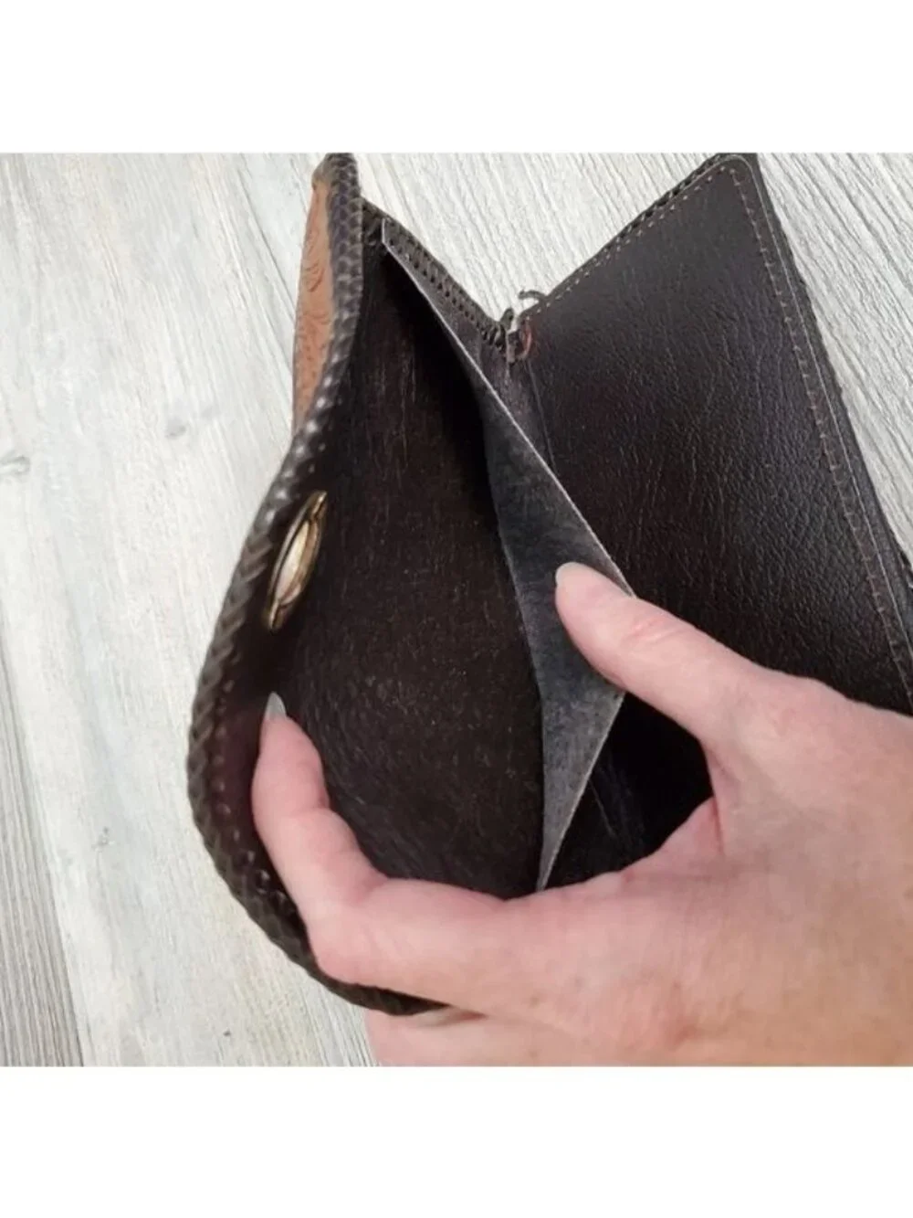 Vintage tooled leather turn lock wallet